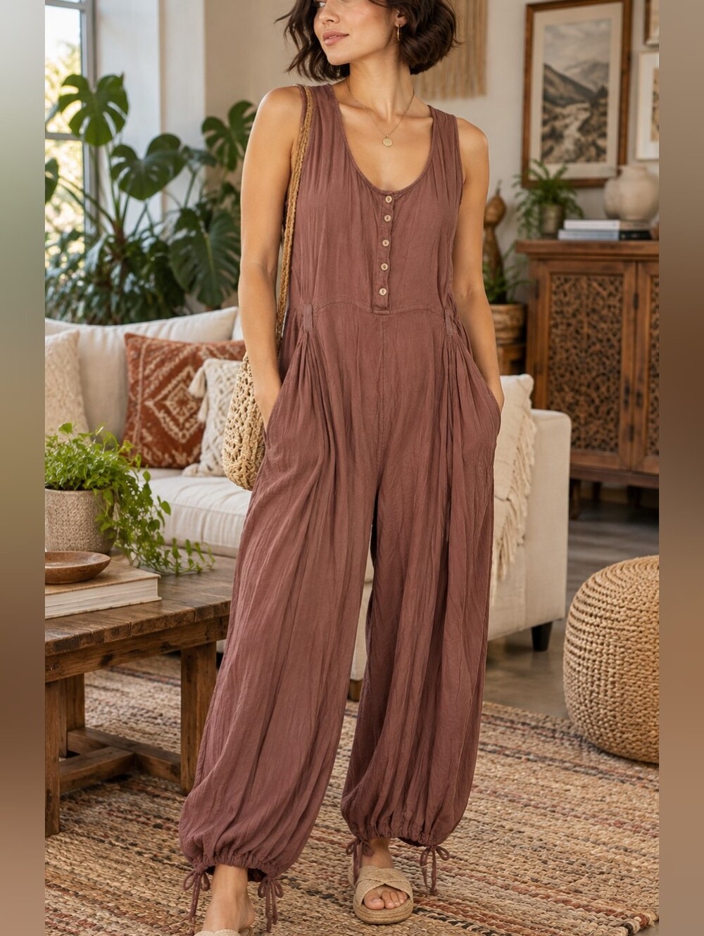 Free People Sleeveless Wide Leg Jumpsuit Button Front Size M